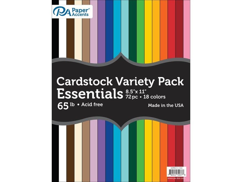 Paper Accents Variety Pack 8.5" x 11" 72pc 65 lb Essential Colored Cardstock Paper, 4 sheets each of 18 colors include: white, black and shades of brown, purple, blue, green, yellow, and red.